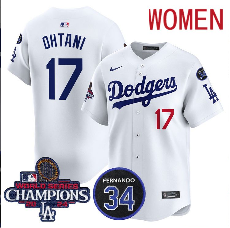 Women MLB Los Angeles Dodgers #17 Ohtani white 2024 World Series Champions Patch Limited Jersey->customized mlb jersey->Custom Jersey
